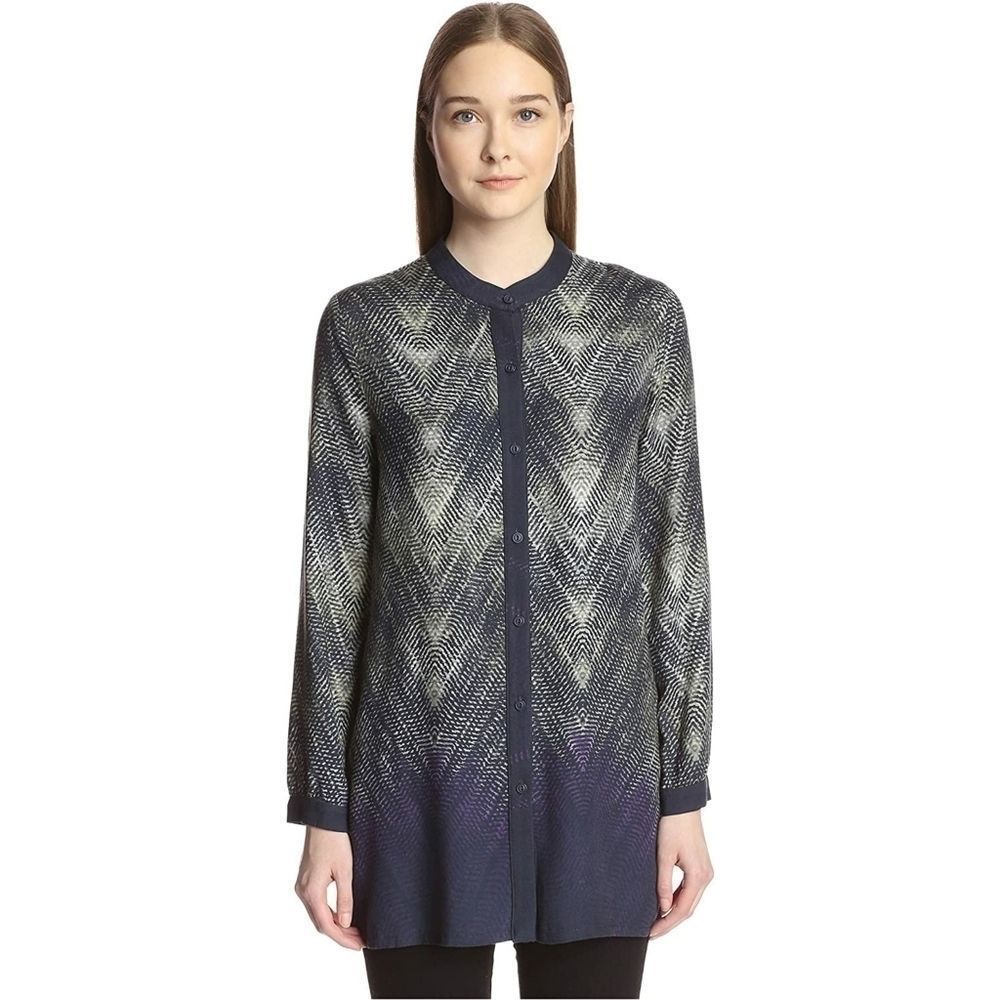 Ronen Chen Georgia Mandarin Collar Button Up Graphic Print Tunic Blouse sz 8